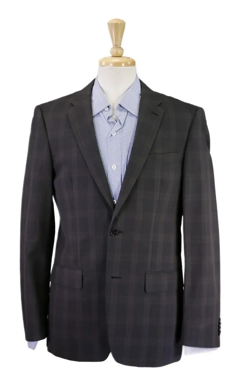 John Varvatos Gray Brown Plaid 2-Btn Cotton Linen Blazer Jacket 38R